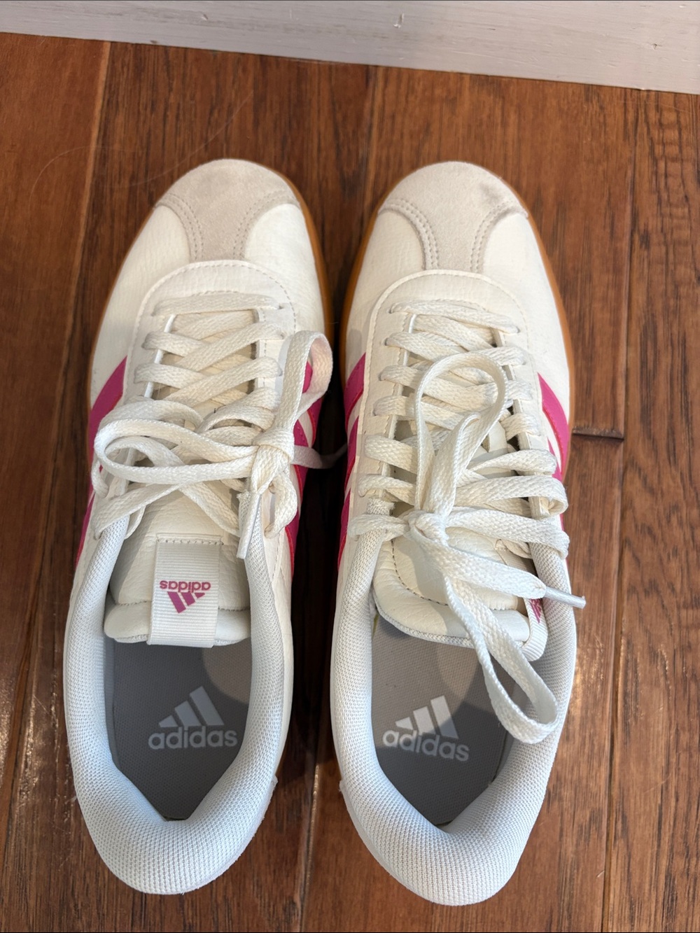 adidas Women’s White Sneakers with Pink Stripes and Gum Sole - Picture 2 of 5